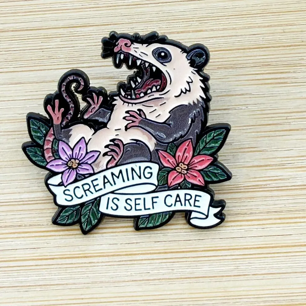 Screaming Is Self Care Possum Soft Enamel Pin Funny Goth Meme Lapel Badge
